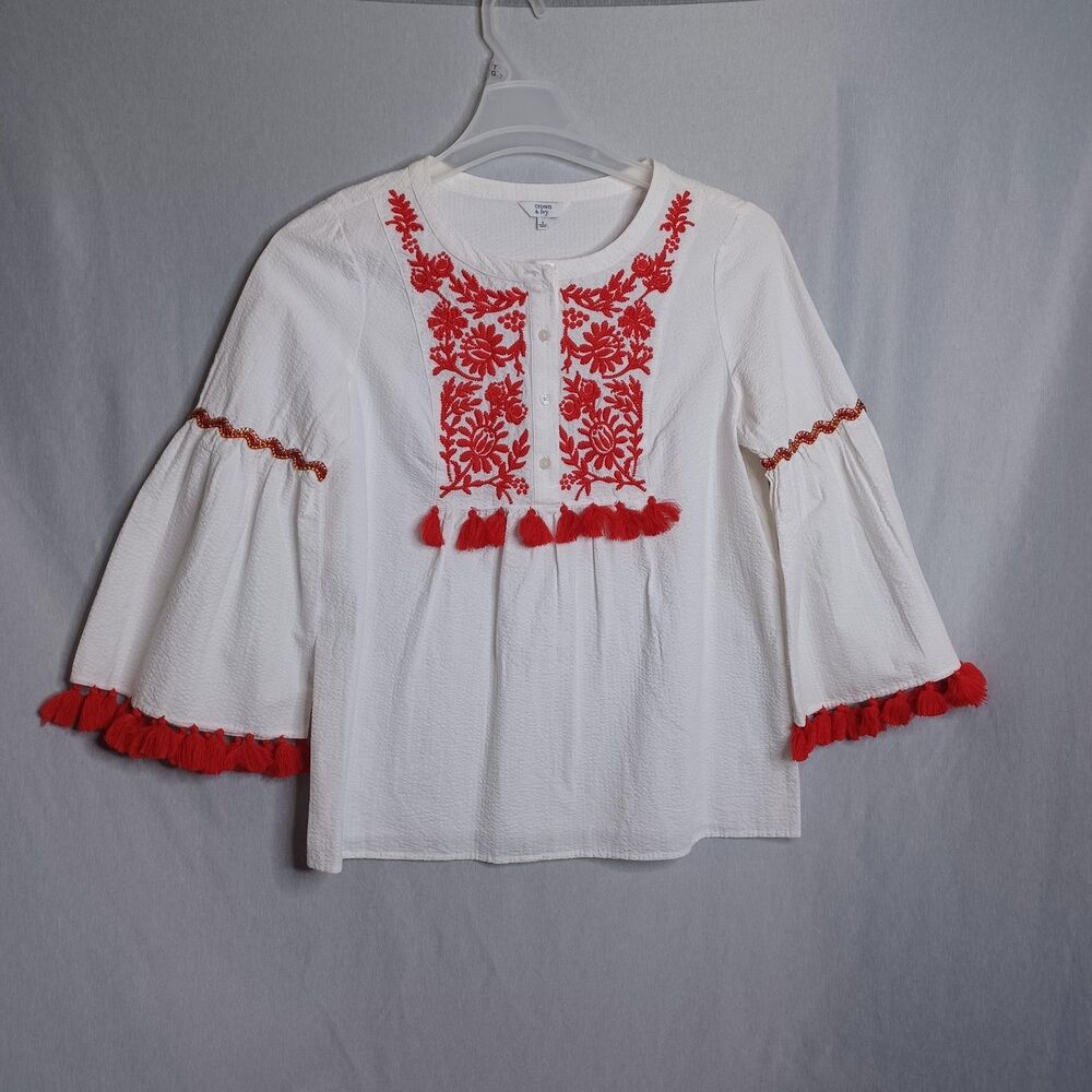 Crown & Ivy Top Womens Small White Embroidered Southwestern Tassel Bell Sleeve